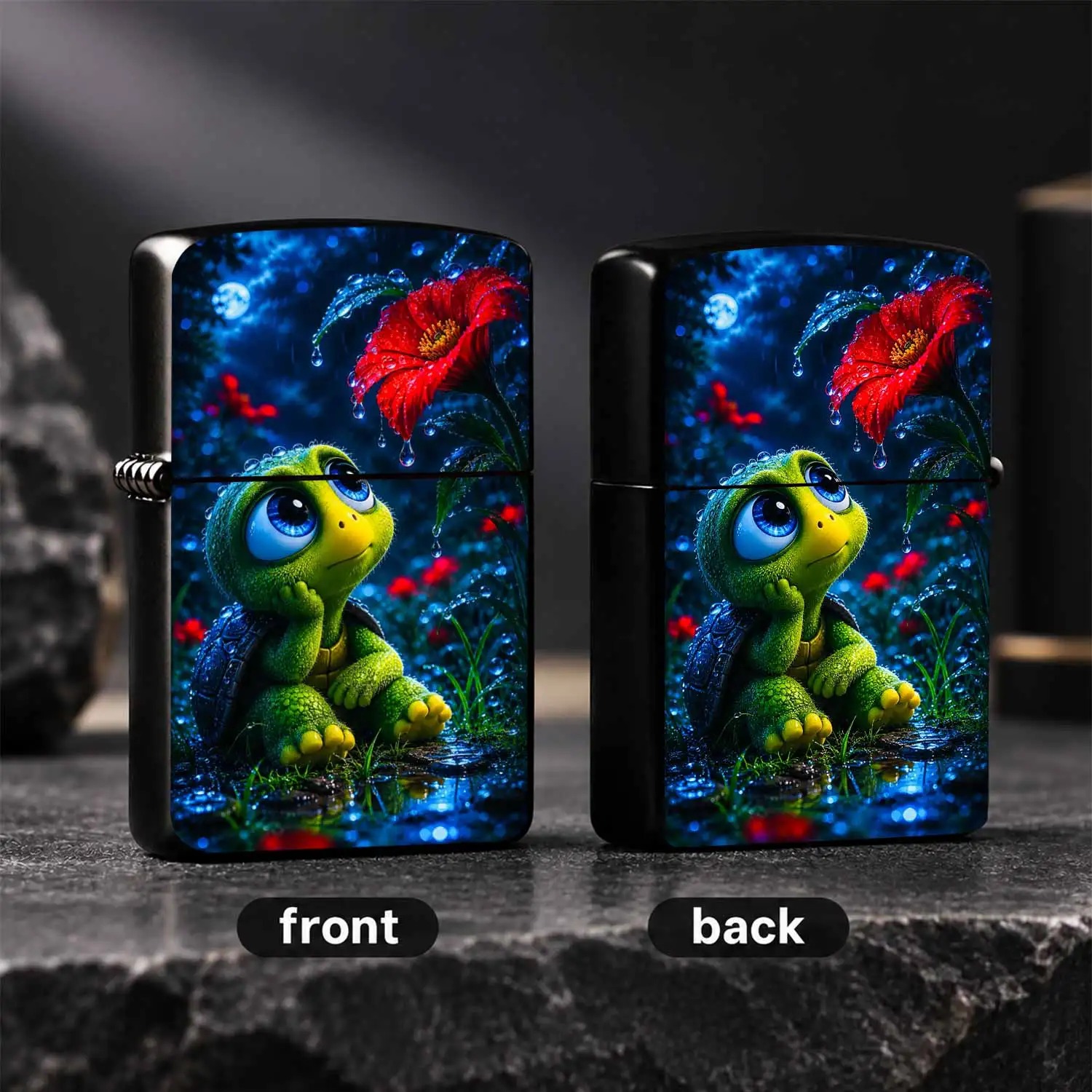 Cute Rainy Night Turtle Flower Pattern Lighter, Adorable Whimsical Night Scene Portable Igniter, Delicate Wet Glowing Decor, Ideal For Daily Carry Outdoor Camping Home Decor, Thoughtful Unique Gi A Humorous And Interesting Lighter