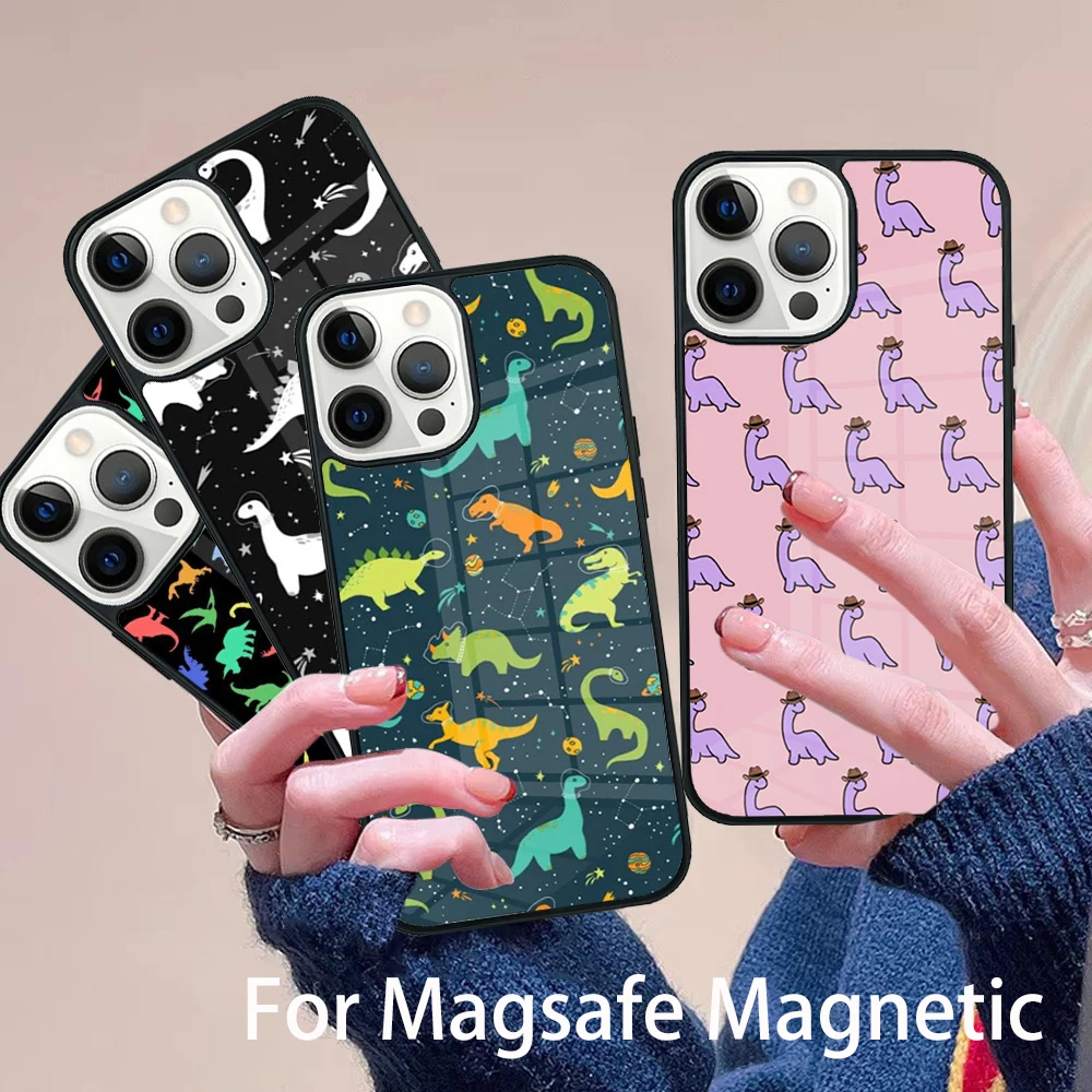

Dino King Floral Dinosaur Phone Case Magesafe Magnetic Wireless Charge Cover For IPhone 16 11 12 13 14 15 Pro Max Plus Mini