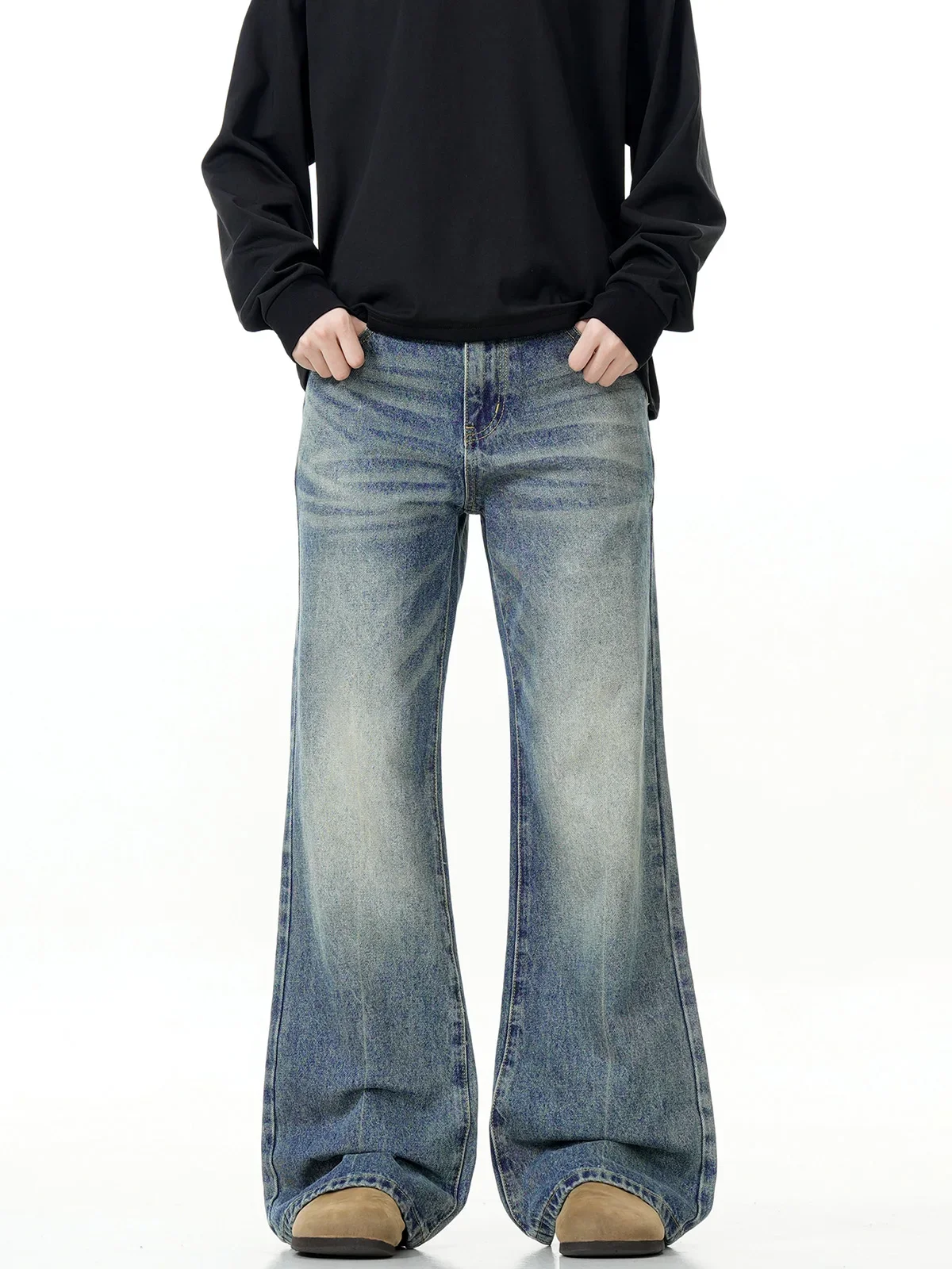 American high street retro micro-pull jeans slim-fitting washed old wide-leg pants