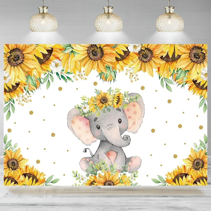 

Elephant Baby Shower Party Backdrop Sunflower Birthday Background Banner Decorations Theme Photography