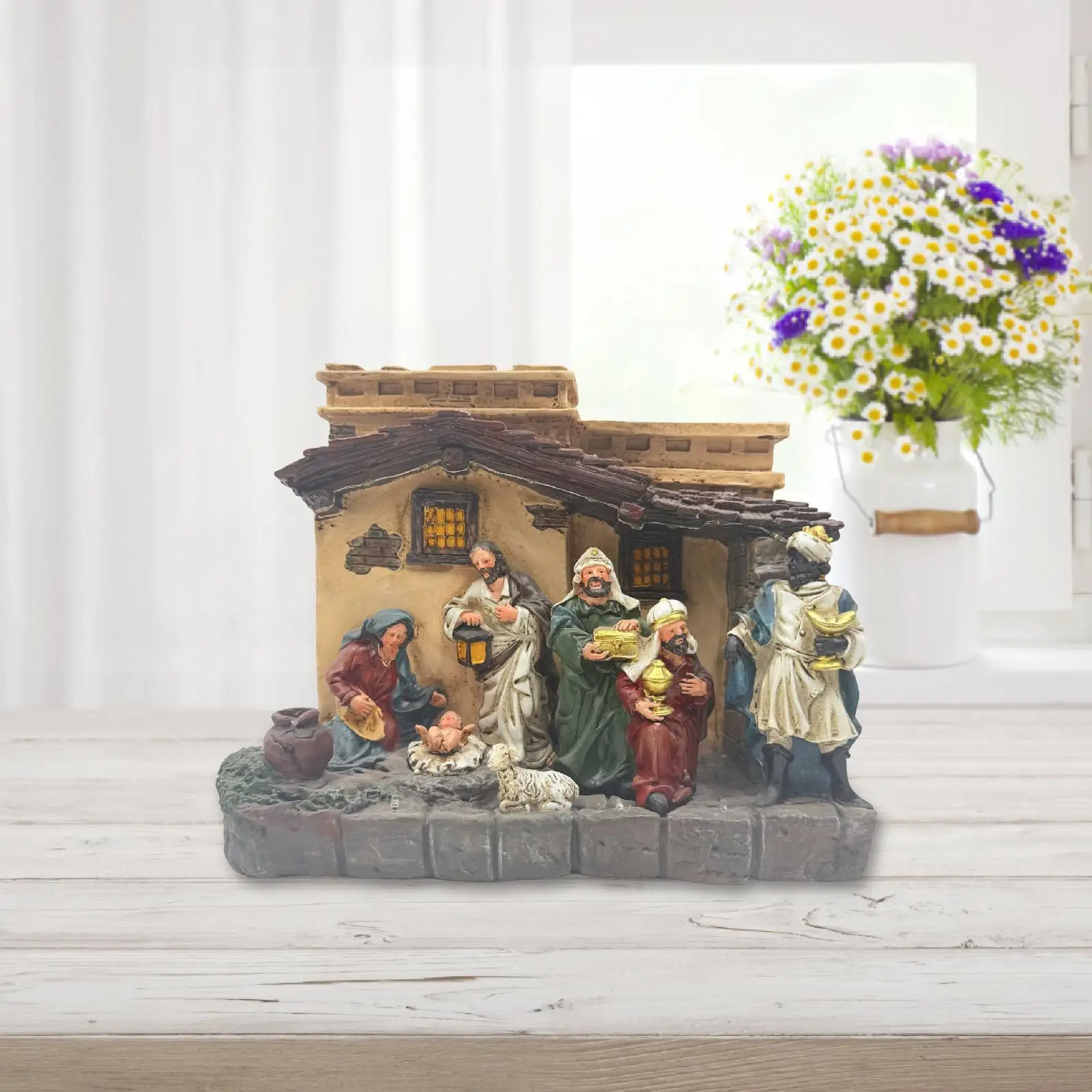 

Jesus Manger Christmas Nativity Set with Lighting with Music for Religious Gift Handcrafted Decorative Desktop Ornament
