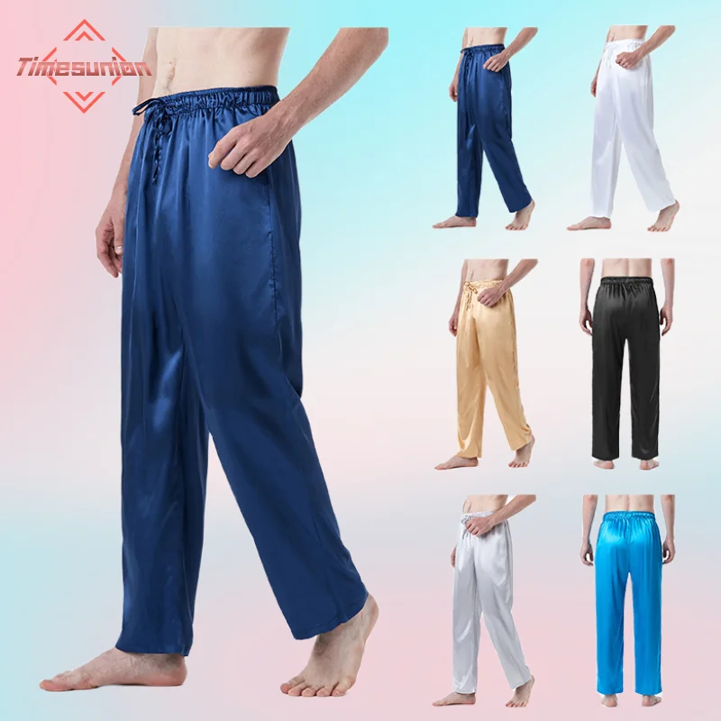 

Loose Mens Pajamas for Men Nightwear Long Pants Sleep Tops Trousers Thin Ice Silk Pajamas Men Solid Sleepwear