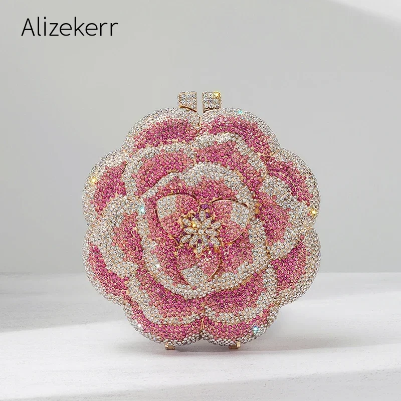 Alizekerr Rose Shaped Crystal Evening Bags Women Gorgeous Boutique Diamond Metal Clutch Purses And Handbags Bridal Wedding Party