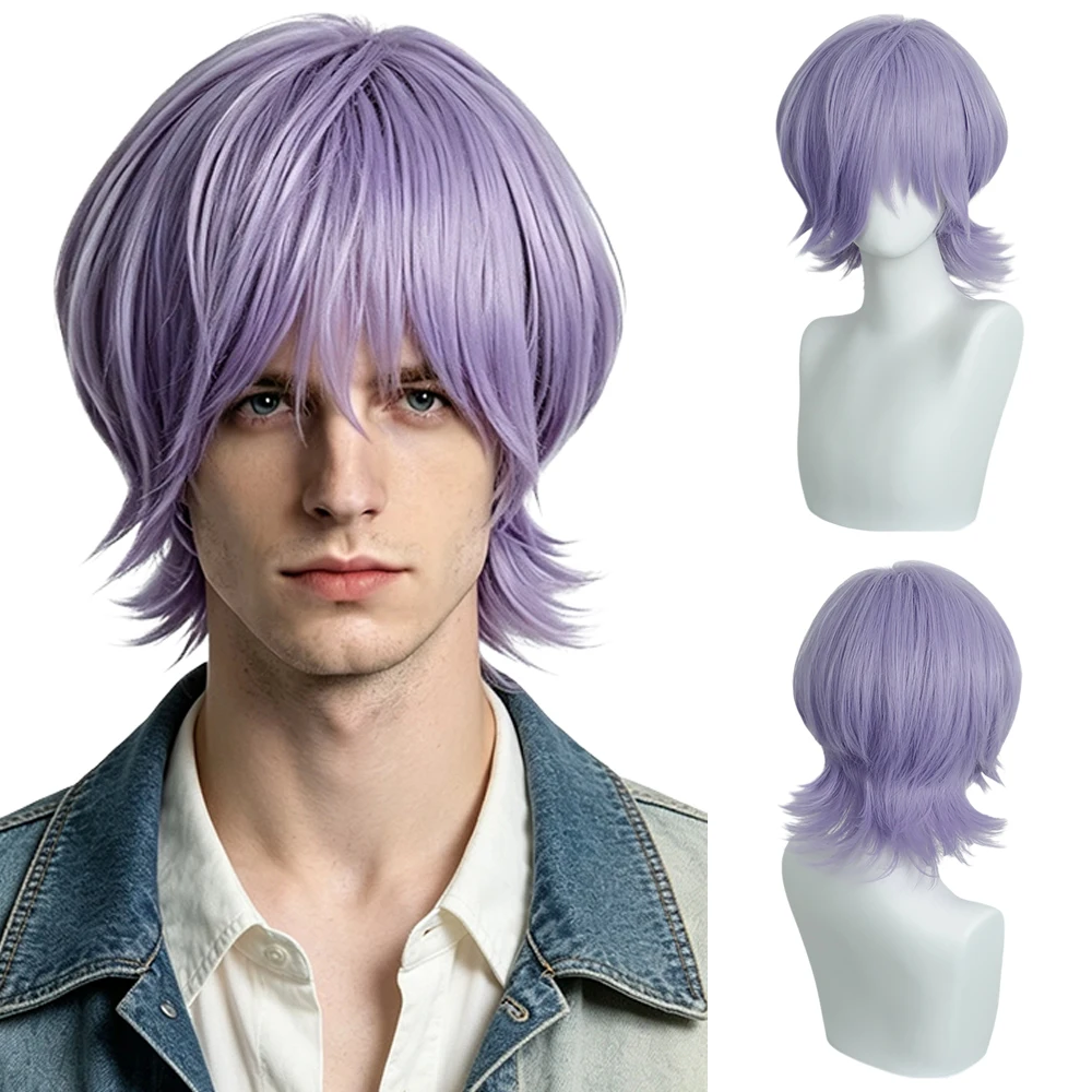 Lavender Purple Mullet Wolf Cut Wig Short Layered Unisex Anime Cosplay Synthetic Heat Resistant Hair For Halloween Party Daily