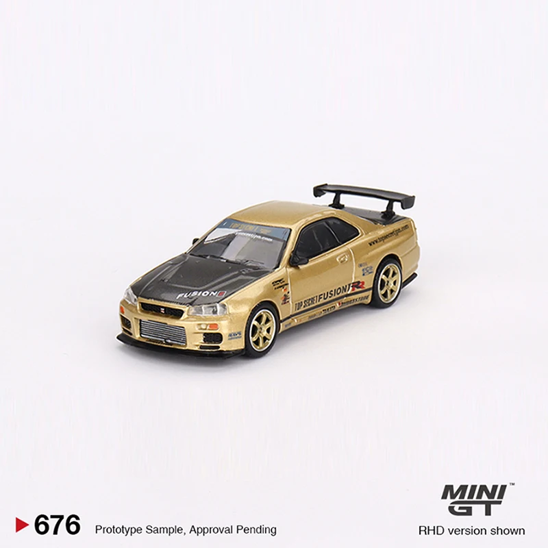 

MINIGT 1:64 Model Car Skyline GT-R (R34) Top Secret Alloy Die-Cast Vehicle #676 Gold Japan Exclusive