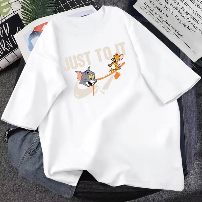 

Tom Jerry Joint 2025 летняя новая высококачественная спортивная футболка с принтом для пар, свободная повседневная хлопковая футболка с короткими рукавами и круглым вырезом