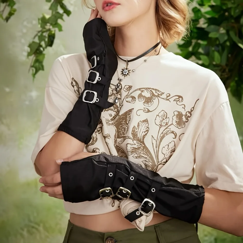 Costume di Halloween Moda Fibbia in metallo punk scuro con guanti a dita esposti Accessorio per maniche con bottoni per feste