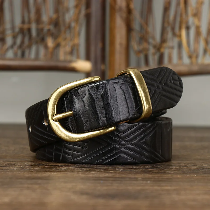 Women's Vintage Fashion Distressed Embossed Washed Leather Belt, Pin Buckle, Top-grain Cowhide for Jeans Waist