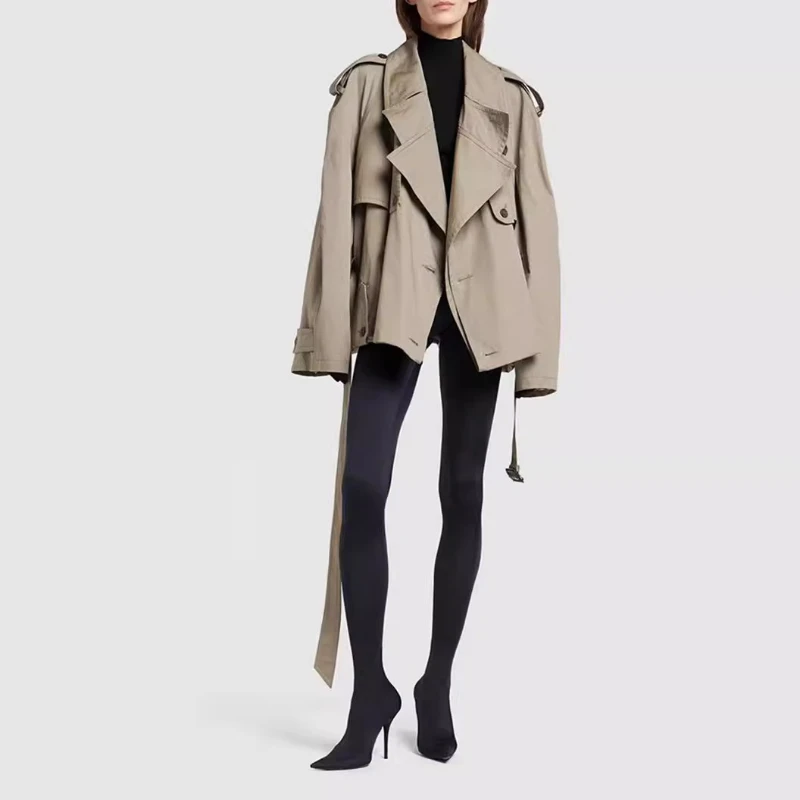 

French Jacket Spring Simple Handsome Sense Loose Large Silhouette Double Breasted Short Strap Waist Trench Coat Tide