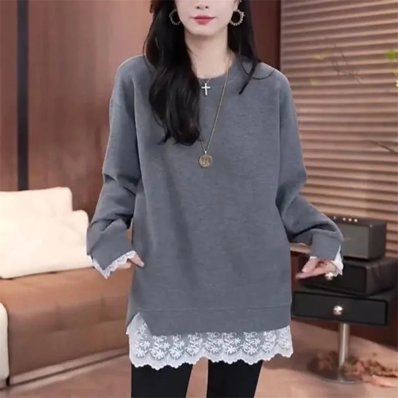 Sudadera coreana de cuello redondo a la moda para mujer, sudaderas con capucha de dos artículos falsos de encaje para mujer, Tops, camisa deportiva de ocio femenina para primavera y otoño