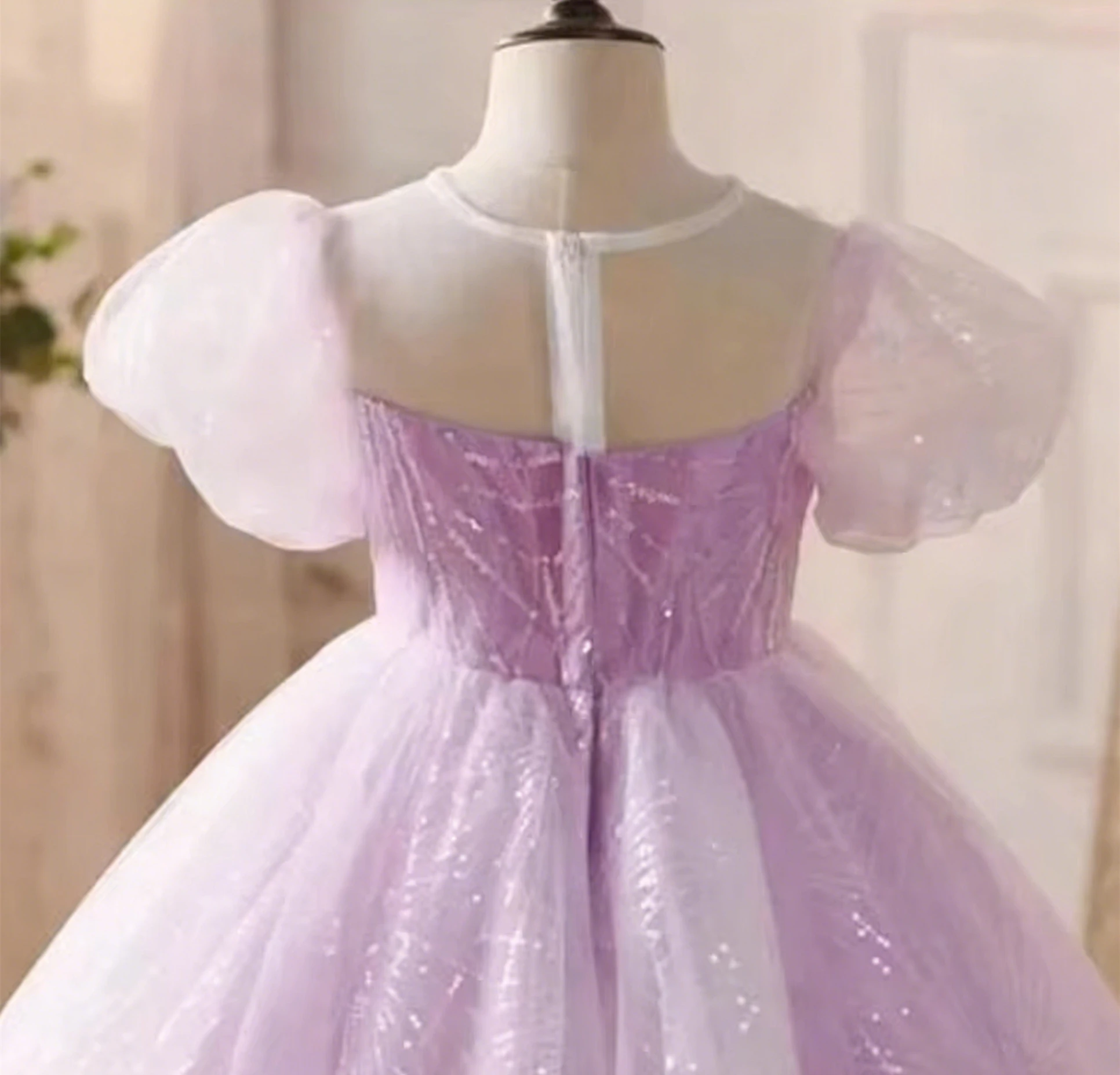 

Customized Purple Flower Girl Dress for Wedding Glitter Short Sleeve High Waist Floor Length Kids Birthday First Communion Gown