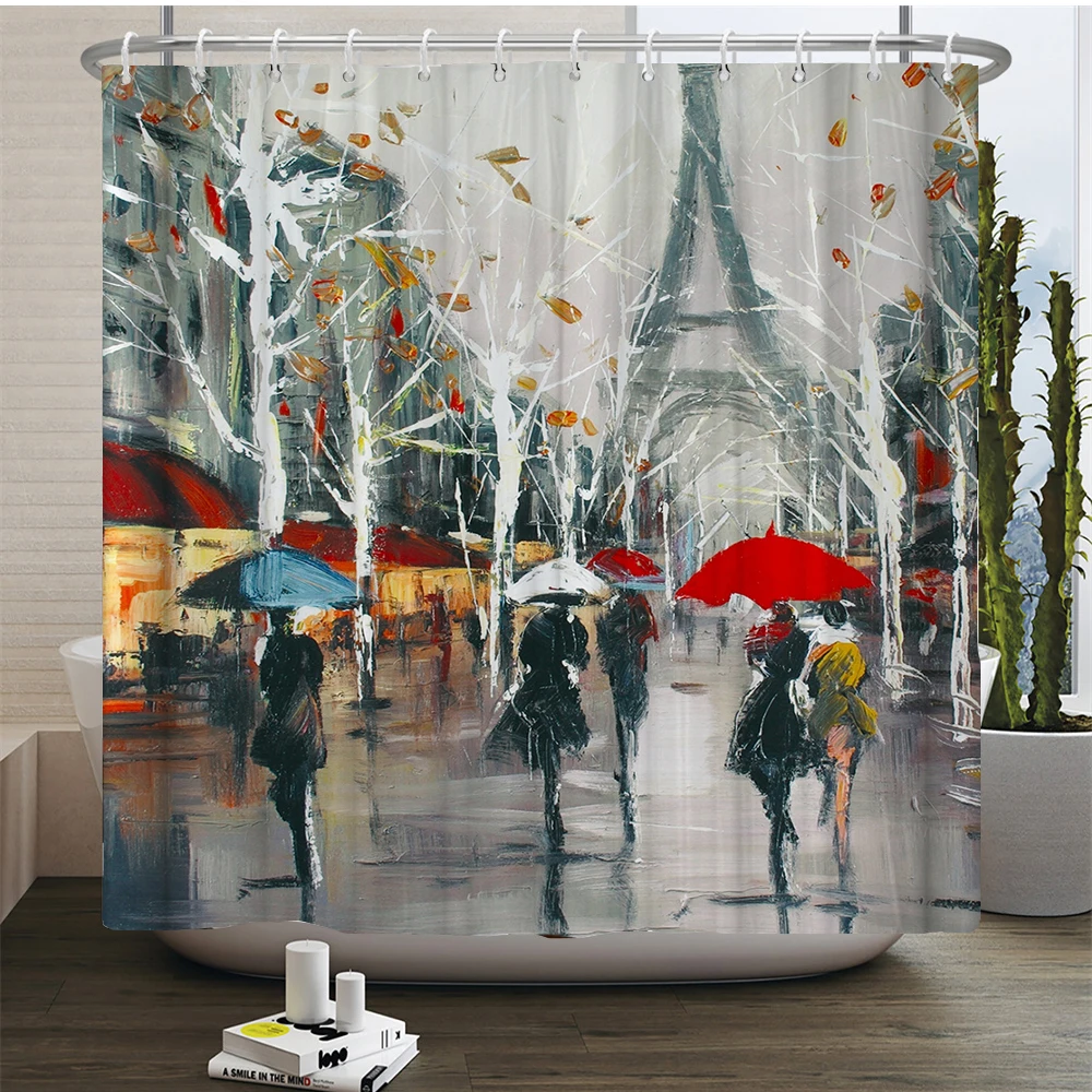 Paris Tower Shower Curtain Set Durable Non-slip Carpet Bath Mats Toilet Cover Printed Fabric Scenery Bathroom Curtains Decorate