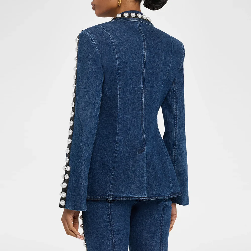 HIGH STREET Newest 2026 Runway Designer Suit Set Women's Career Style Single Button Washed Denim Beaded Blazer Long Pants Suit