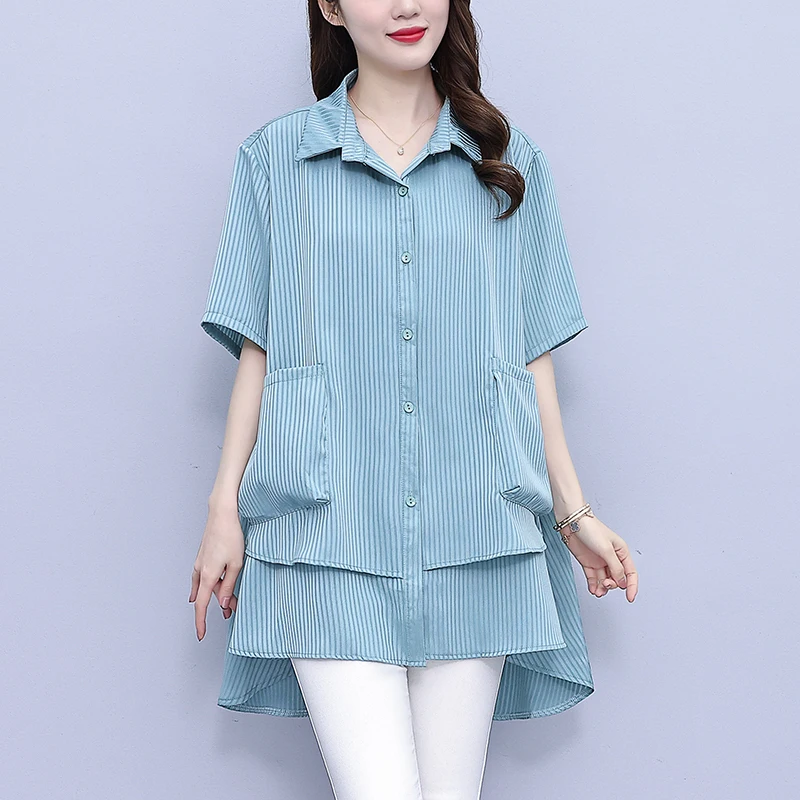 #2820 Black Blue Vertrical Striped Shirts Women Loose False Two Piece Shirts Female Short Sleeve Split Joint Asymmetrical Blouse