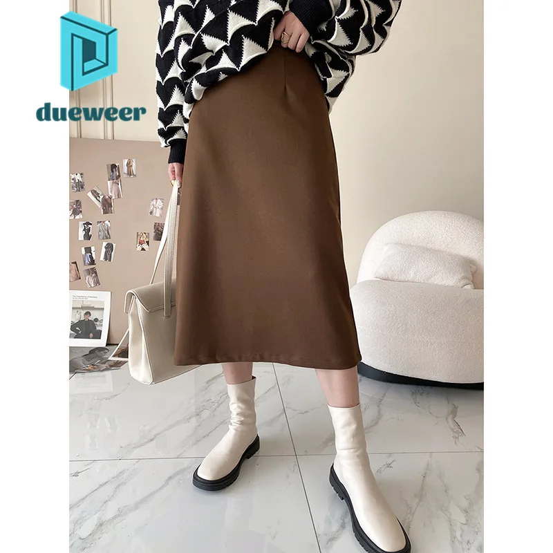 

DUEWEER Women's Fall Winter Midi Woolen Skirts for Women 2022 Luxury Fashion Black Brown Elegant Long Skirt Commuter Office Wear