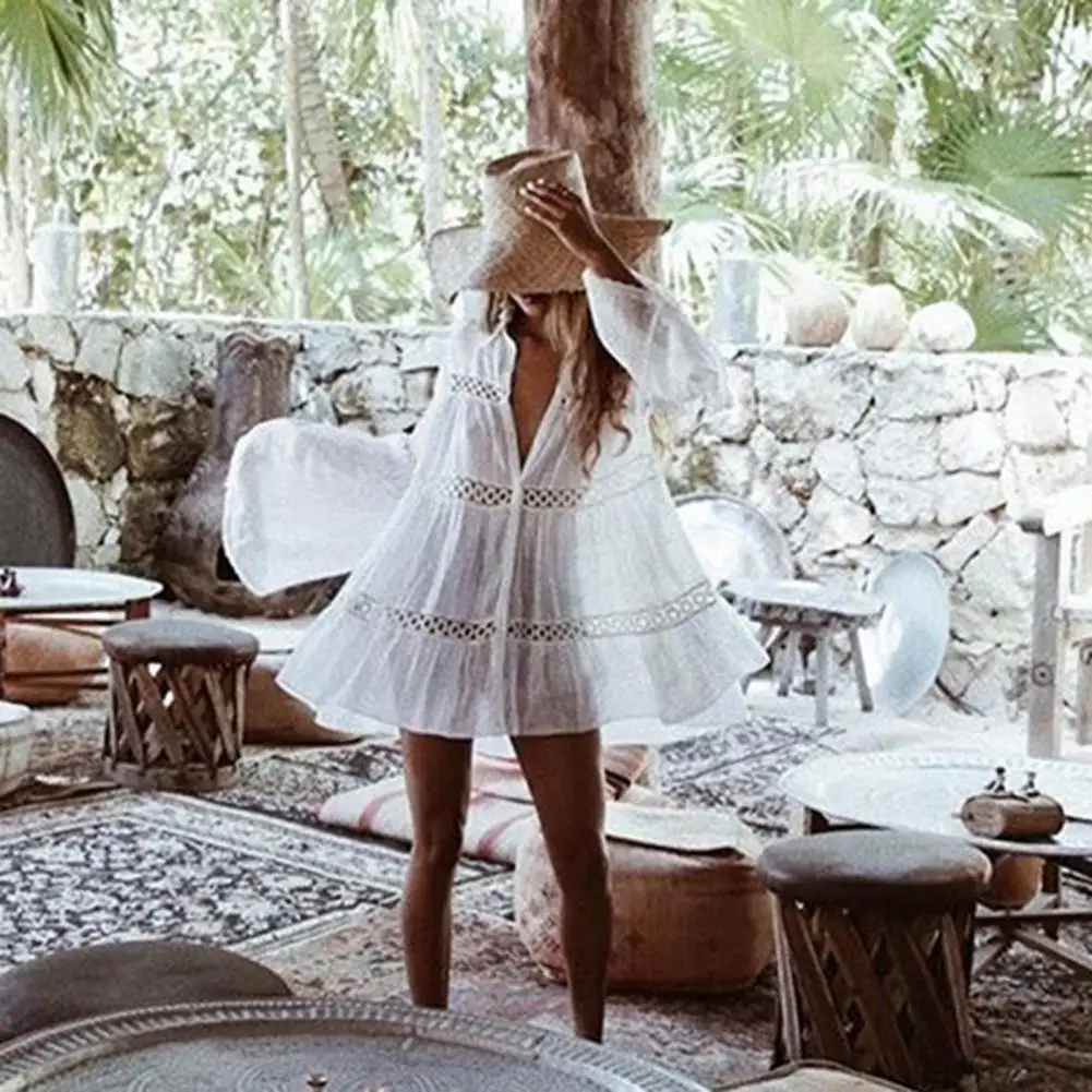 Bikini Cover Up Shirt Damen Mittellanges Hemd Revers Ausgestelltes Langarm Einreiher Badeanzug Mantel Ausgehöhlt