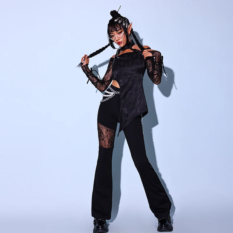 New Gogo Dance Costume Women Nightclub Dj Singer Clothing Rave Black Lace Kpop Outfit Hip Hop Jazz Performance Stage Wear BL7710