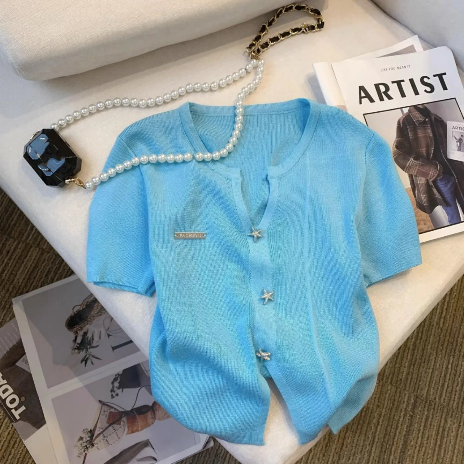 Summer Ice Silk Knitted Sweater Women Short Sleeve White T-shirt Button Thin Tops Design Loose Casual Coat Short Tees Black Grey