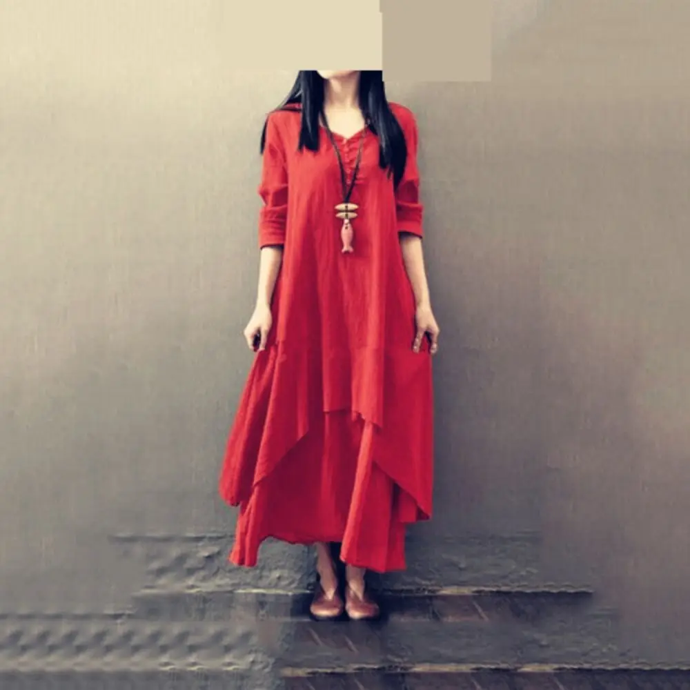 Falda larga de dos piezas falsa de estilo literario ligero, vestido con vuelo de Material de algodón y lino, falda de lino para primavera y otoño