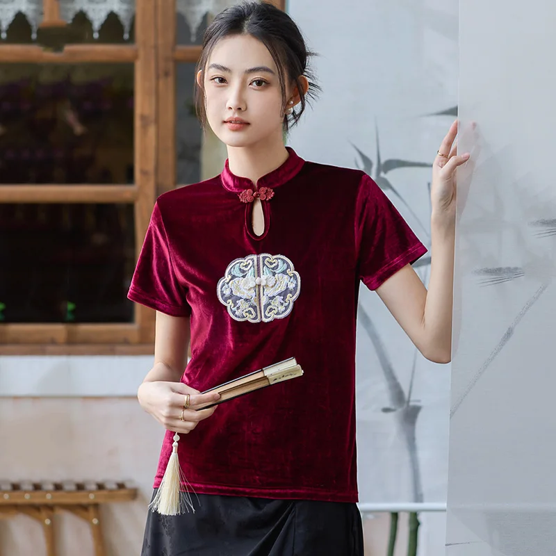 

New Women Summer Chinese Style T-shirt Fashion Stand Collar Short Sleeve Loose Tees Tops Chic cheongsam Style Burgundy T-shirt