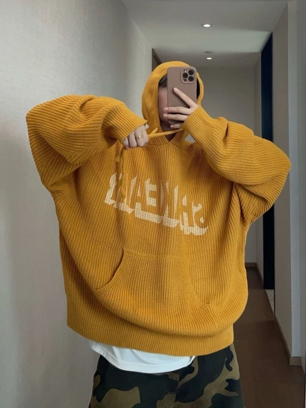 

Мужская повседневная свободная зимняя толстовка большого размера (300 Pou) желтого цвета с капюшоном, вязаная, удобная, мягкая, с принтом