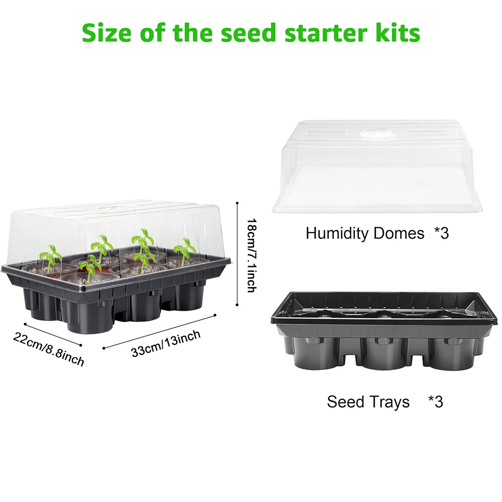 Seed Starter Tray, 3 Packs Seed Tray with Humidity Dome, Black Seed Starter Kits with 18 Pcs 4 inch Nurserty Pots