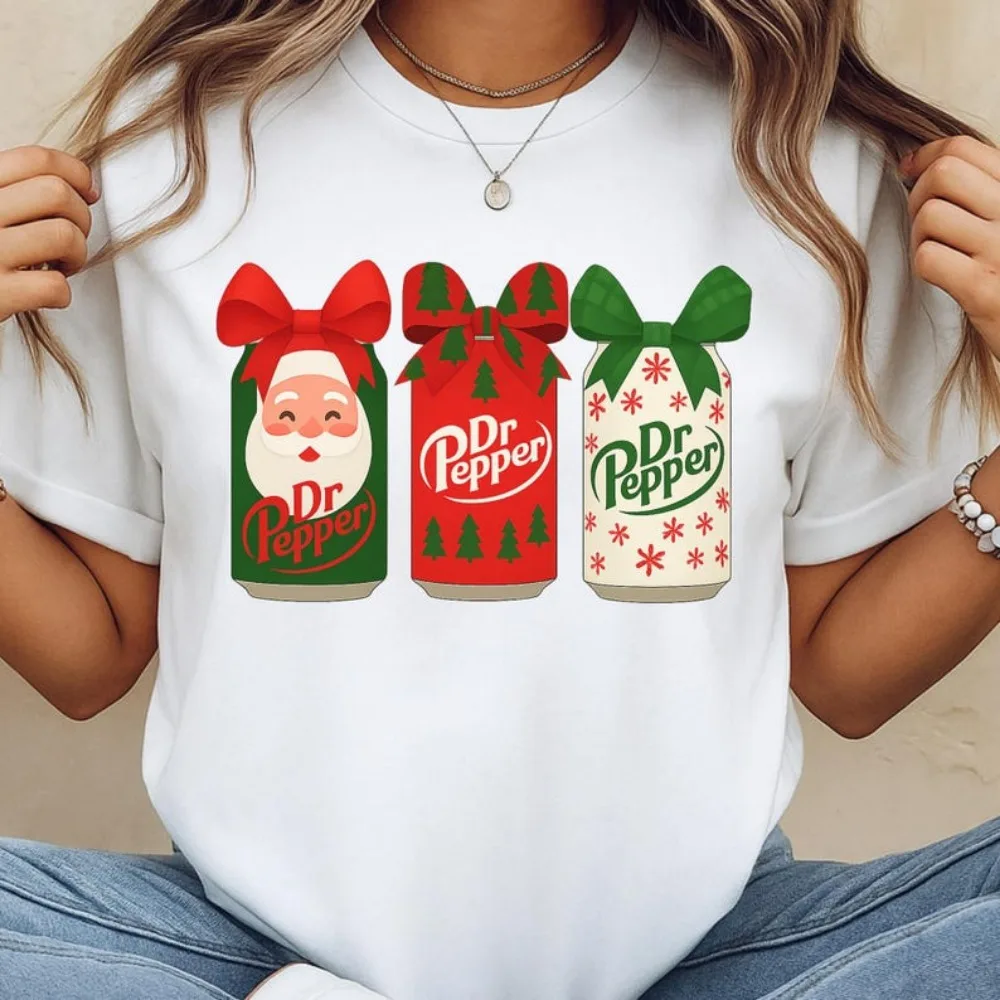 

Christmas Dr Pepper Coquette Cotton T-Shirt Holiday Women Tees Unisex Graphic Shirt Xmas Gift Apparel Trendy Christmas Soda Tees