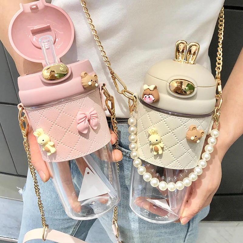 Ins Simple Fashion Plastic Water Bottle For Girls With Leather Sleeve And Strap Straw Adult Pregnant Women Portable Sippy Cups