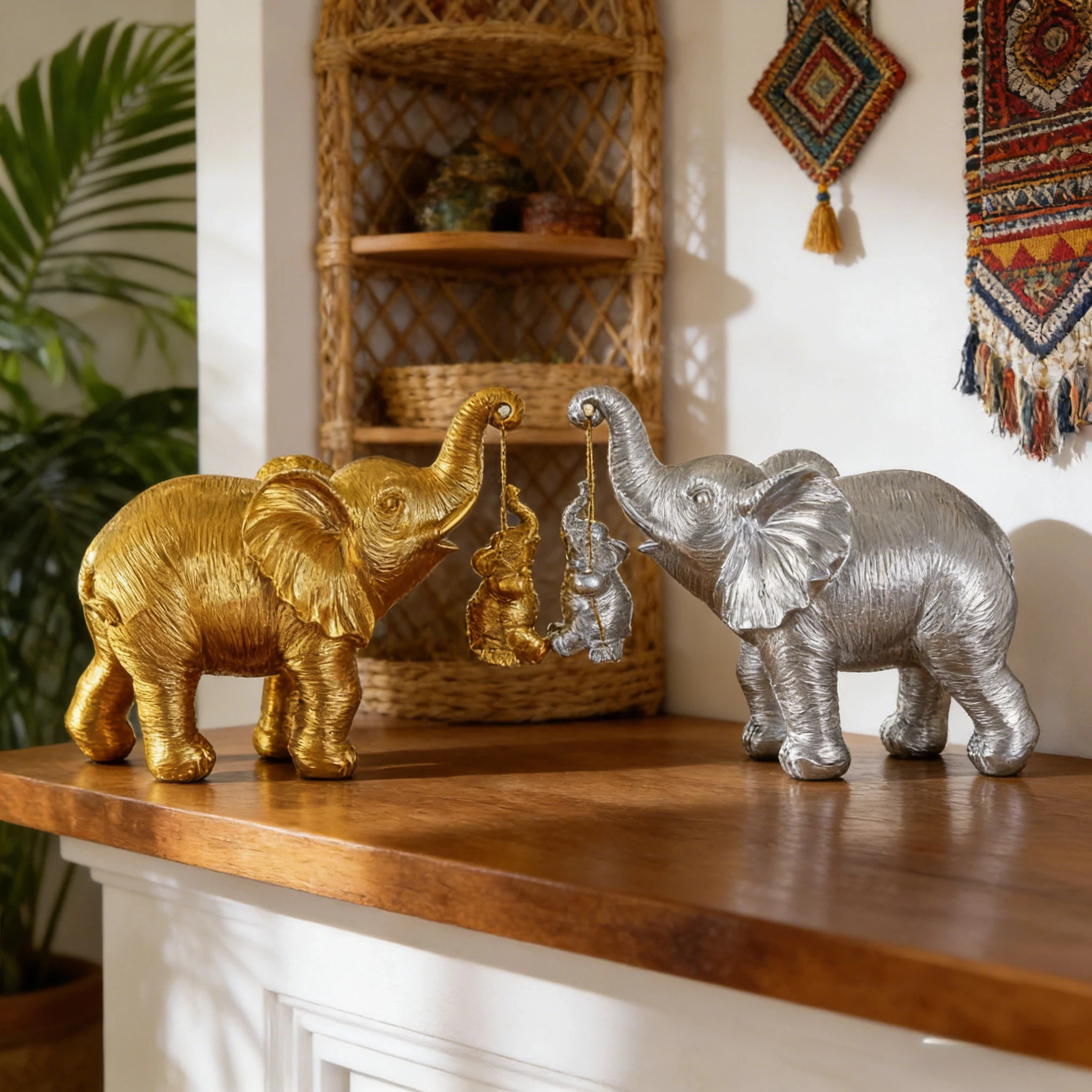 1 piece, fortune-bringing mother-and-child elephant resin craft, high-quality gold and silver finish, suitable for living room entrance decoration, study bookshelf ornament, courtyard and balcony art, hotel and guesthouse lobby decoration, Christmas, New Year, Thanksgiving gift, housewarming and wedding present