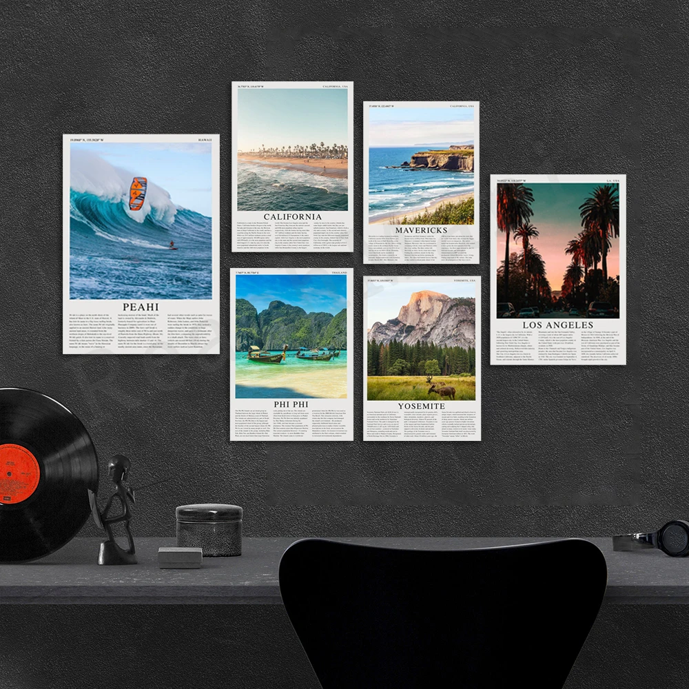 Travel posters for Thailand, Tulum Mayan pyramids, Mexico, USA, New York, California, Philadelphia, Yosemite, Hawaii surfing
