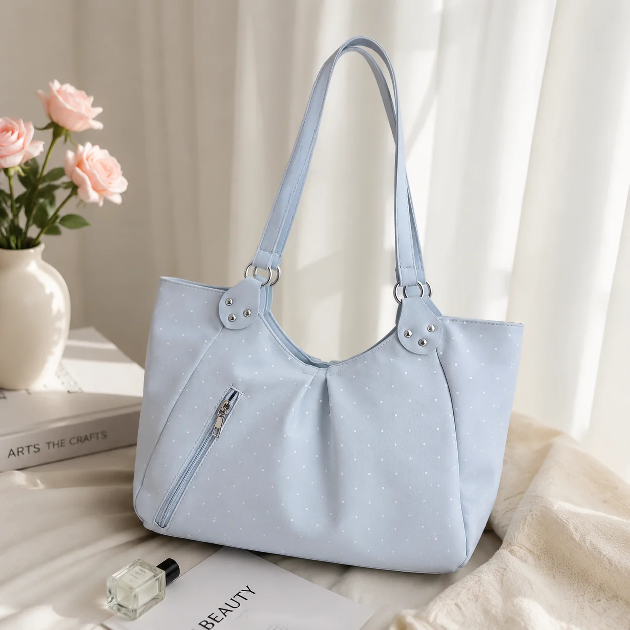 Shoulder Tote Bag Korean Polka Dot Retro Cute Zipper Vintage Large Capacity Underarm Casual Daily New Hot forWomen Shopping Work