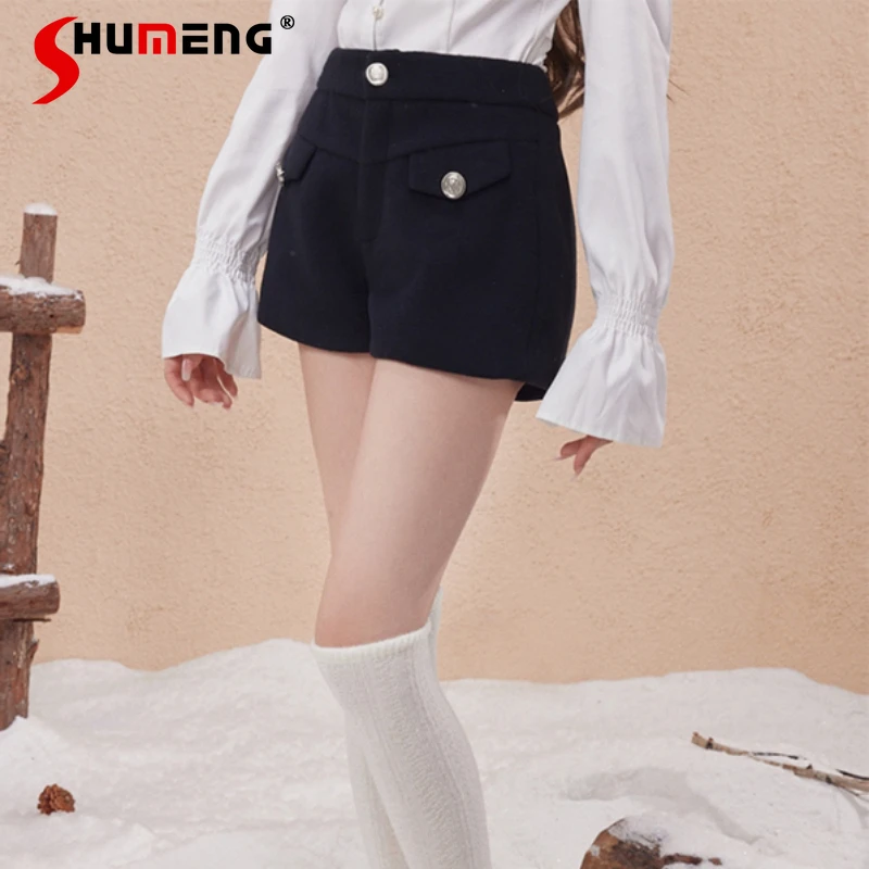 Autumn And Winter New Preppy Style Baggy Shorts Black Woolen Slimming Proportional Short Pants Y2k Booty Pants Women's Clothes