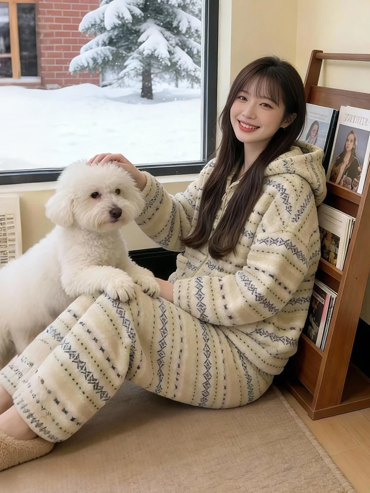 Thiened Fce Conjunto de casaco feminino e calças de pernas largas inverno quente casual sle cobertura total zíper cintura alta escritório doméstico