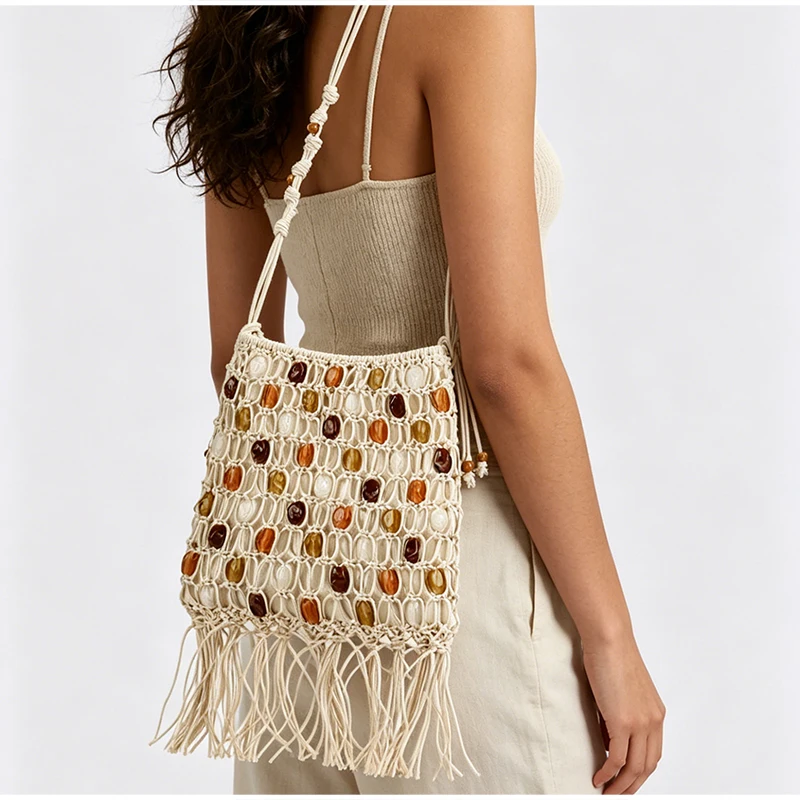 Bunte Ethnische Boho-Tasche mit Perlen und Gewachstem Seil, Gewebte Crossbody-Schultertasche, Ausgehöhlte Lässige Strand-Urlaubshandtasche, Leichte Handtasche – Detail 14