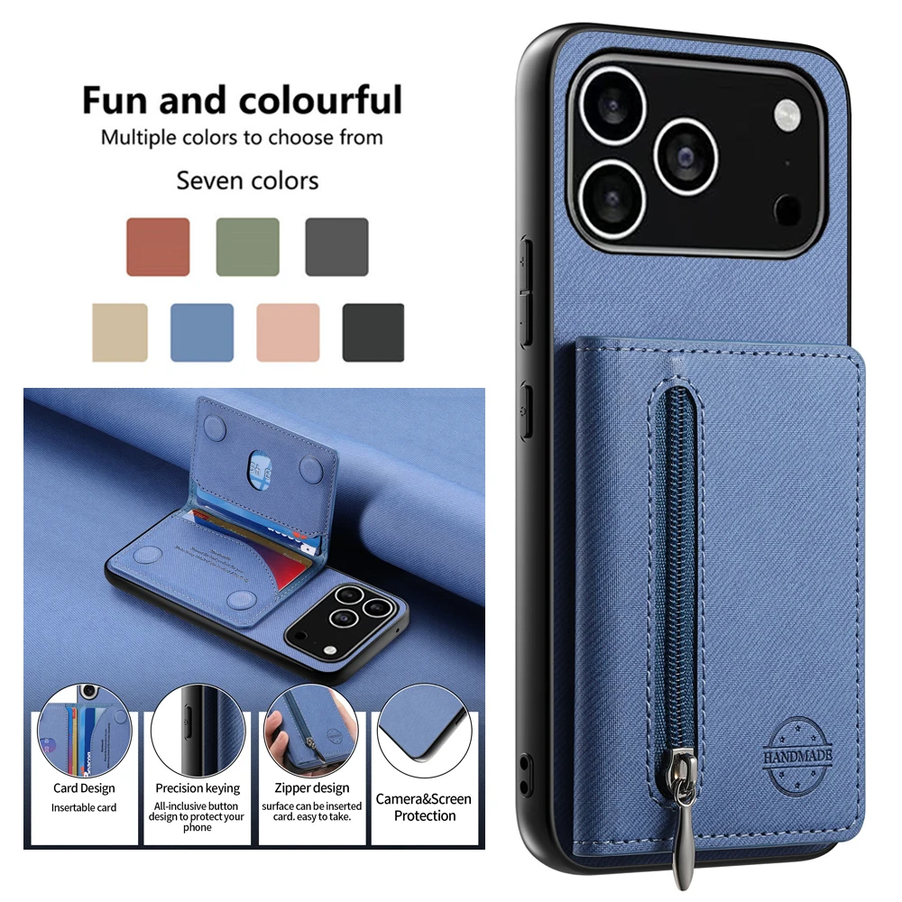 

For iPhone 17 Pro Max 5G Leather Card Case Zipper Back Panel iPhone17 Air 16e 16 Pro 15 Plus 14 13 12 11 Xs X Shockproof Cover