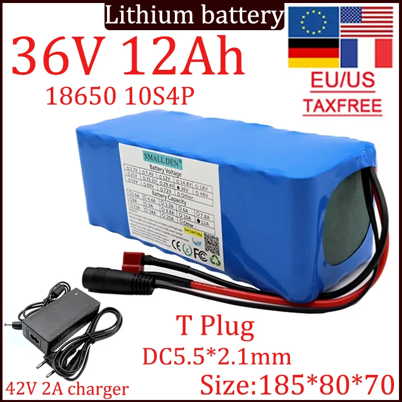 New 36V 12Ah battery 18650 10S4P lithium battery pack with built-in 15A BMS 0-500W backup high quality battery+ 42V 2A charger