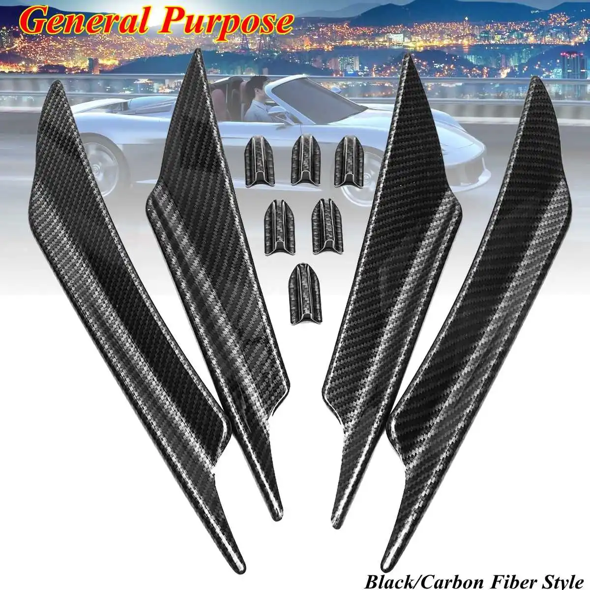 Universal 4Pcs Carbon Fiber Style/Black Front Bumper Lip Diffuser Canards Splitters+6 Shark Fin Antenna Cover Trim Spoiler Wing