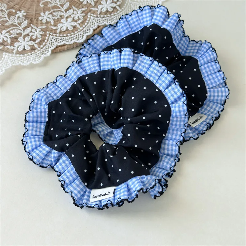 Sweet Polka Dot Blue Checkered Pattern Pleated Hair Scrunchie Women's High Elasticity Hair Tie Fashionable Hair Accessories