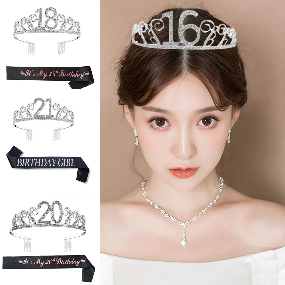 60th Adult Princess Crown Sash Sparkly Metal Headdress Pink Satin Sash Decorations 60th Birthday Cake Topper