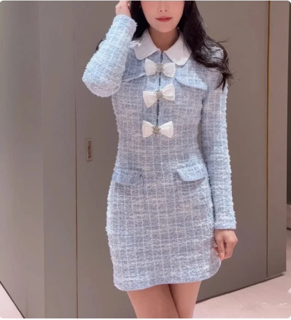 

Women blue elegant knit dress with diamond decoration long sleeves bow pocket decoration mini dress