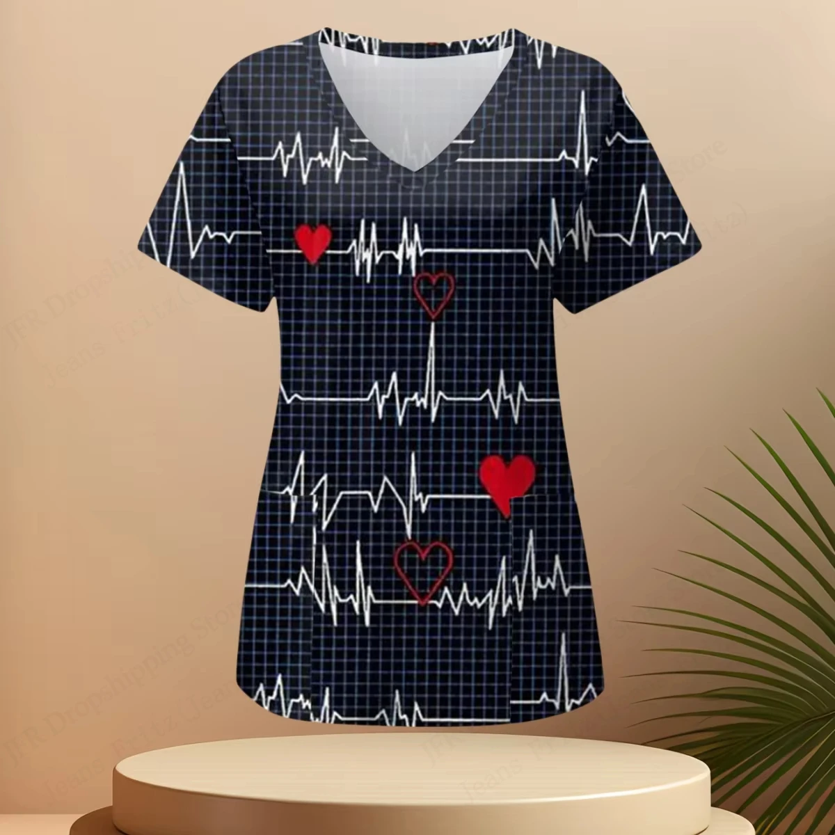 2025 New 3d Print Love 3d Print Scrubs Medical Uniform Women Fashion Nursing Uniforme V-Neck Pocket Short Sleeve Tee Nursing Top