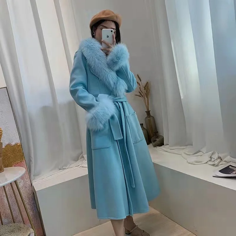 wool  coat  2022   Fashion   women  handmade  double   wool  coat    Fashion  fox  fur  collar  wool  coat