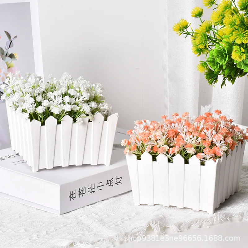 

Plastic Flower Pot with Mini Fence & Basket, Farmhouse Style Planter for Succulents, Rustic Home Decor for Desk Shelf