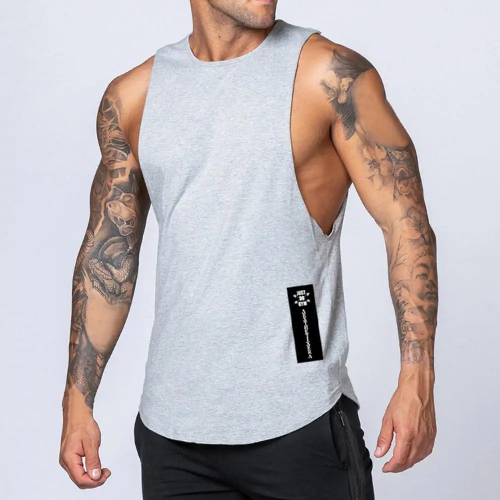 Men's Summer Casual Vest O Neck Sleeveless Letter Decorated Vest Solid Color Fitness Top Street Wear