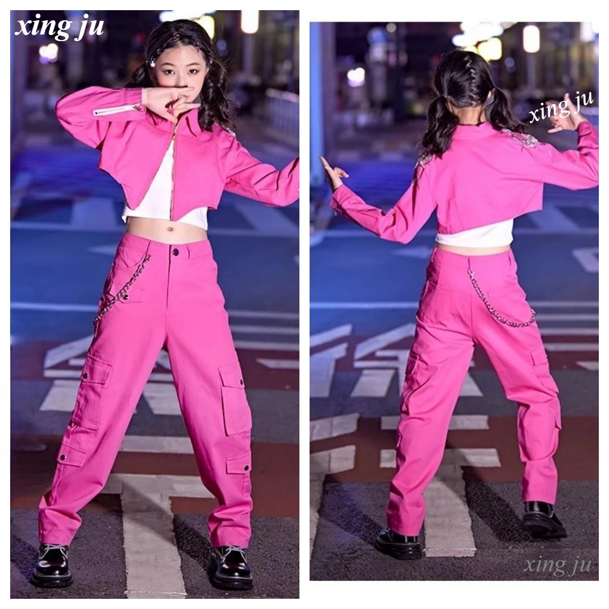 

New Children Jazz Dance Costume Girl Street Dance Pink Jackets White Slim Vest Fashion Cargo Pants Kids Hip Hop Stage Show Wear