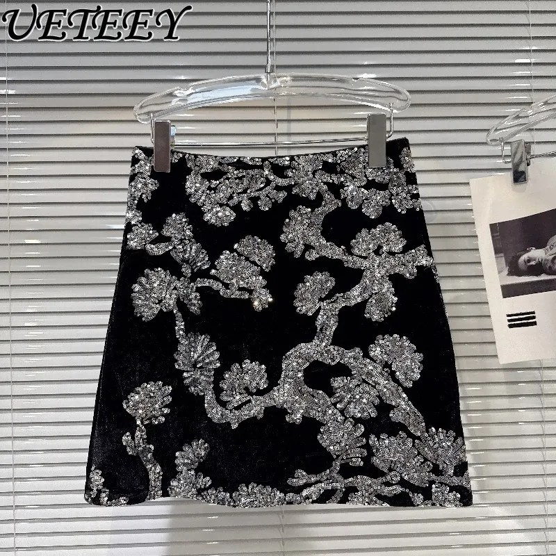 

Autumn Winter New Luxury Retro Silver Sequin Short Skirt Fashion Versatile High Waist Embroidered Pattern Velvet A-line Skirts