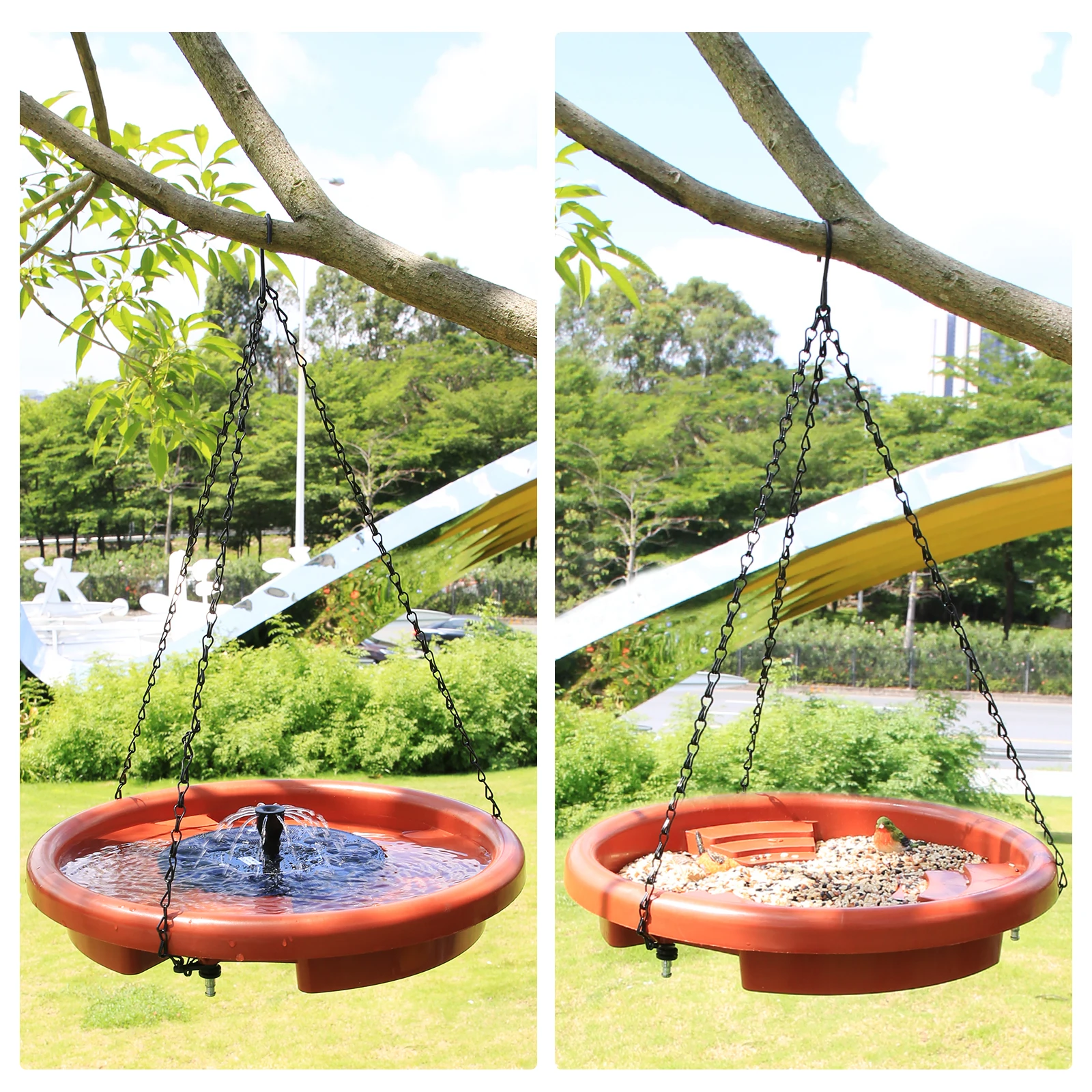 Bird feeder Hanging Bird Bath with fountain Outdoor Bird Drinking Bird Tray with Hook and Chain for Garden Yard Patio