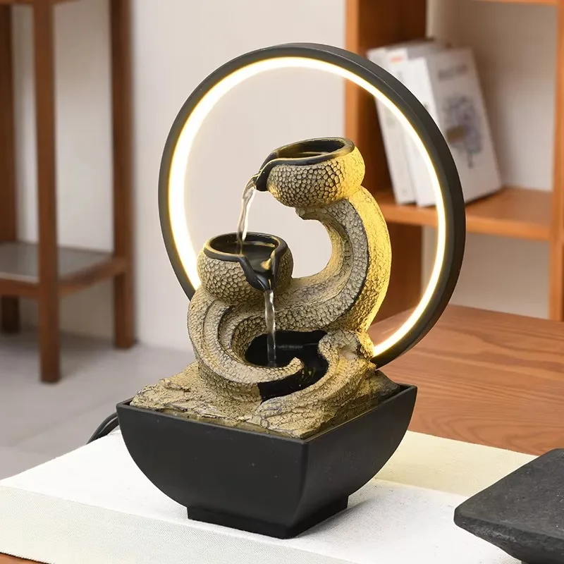 Zen Wabi Sabi Resin Tabletop Water Fountain With LED Ring Light Hand Painted For Home Office Bedroom Living Room Decoration