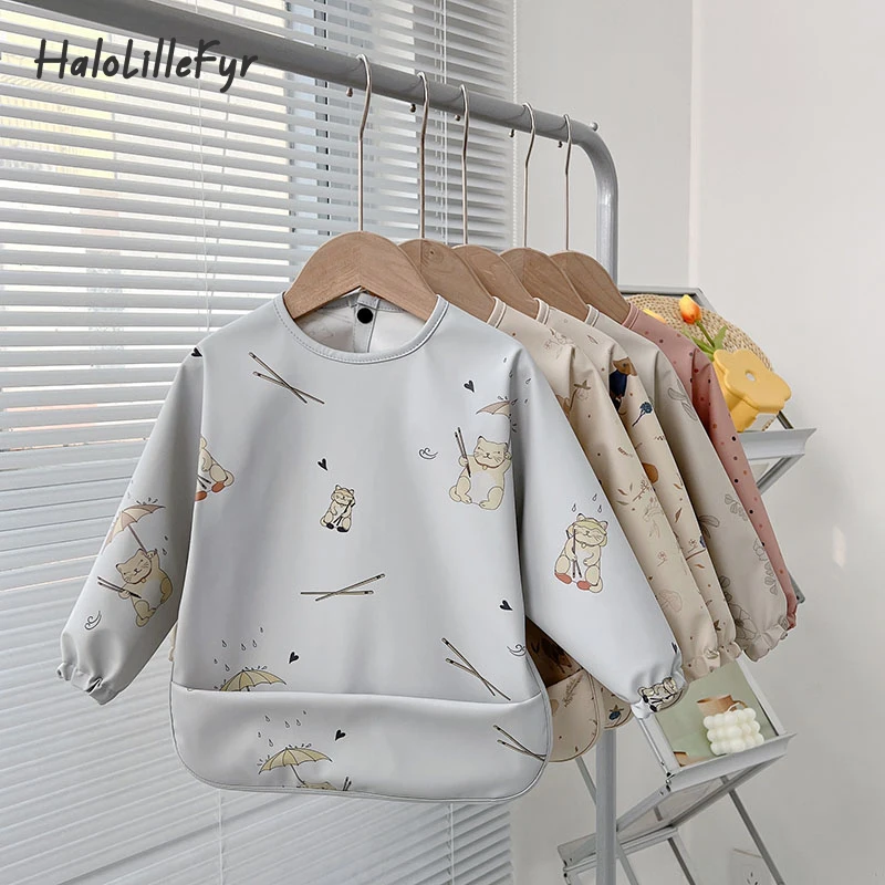 Baby Feeding Bibs With Long Sleeves Infant Boys Girls Cute Cartoon Print Bib Aprons Easy Clean Children Waterproof Art Smocks