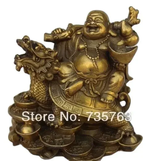 Free Shipping Chinese Bronze Wealth Money Happy Laugh Maitreya Buddha On Dragon Turtle Statue 12cm